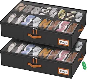 homyfort Organizador de sapatos embaixo da cama, cabe 32 pares, caixas de armazenamento de sapatos sob a cama com alças de estudo e capa transparente, organizador zapateras para sapatos, conjunto de 2