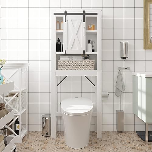 Miniatura 3 de SOSPIRO Almacenamiento de casa de campo sobre el inodoro con puerta corrediza de granero, organizador independiente sobre el inodoro, armario de