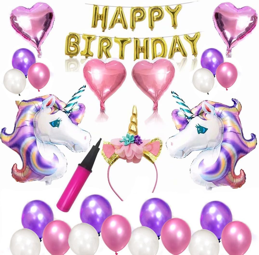 Unicorn Party Supplies Decorations Kit for Girls' Birthday with Glitter Unicorn Headband Gold Happy Birthday Banner Latex Balloons Air Pump 27 Pieces Unicorn Theme Decorations Pack