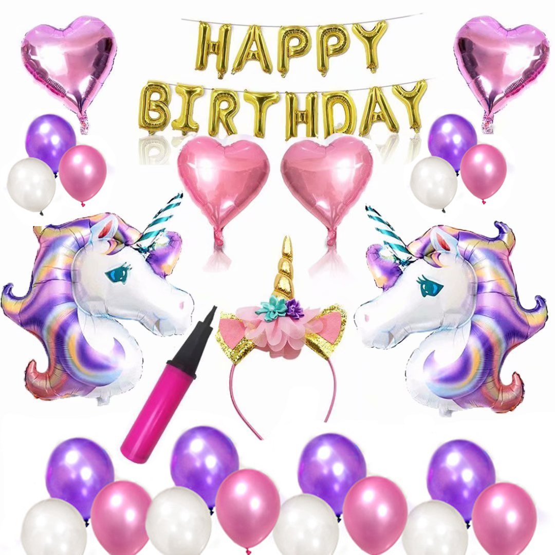 Unicorn Party Supplies Decorations Kit for Girls' Birthday with Glitter Unicorn Headband Gold Happy Birthday Banner Latex Balloons Air Pump 27 Pieces Unicorn Theme Decorations Pack