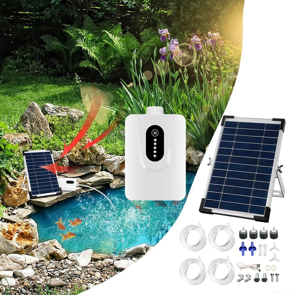 Solar Teichbelüfter, 6W 6V Solar Luftpumpe mit 6000mAh für Batterie, USB Aufladung, Leise Sauerstoff für Fischteich Aquarium, für Outdoor Angeln