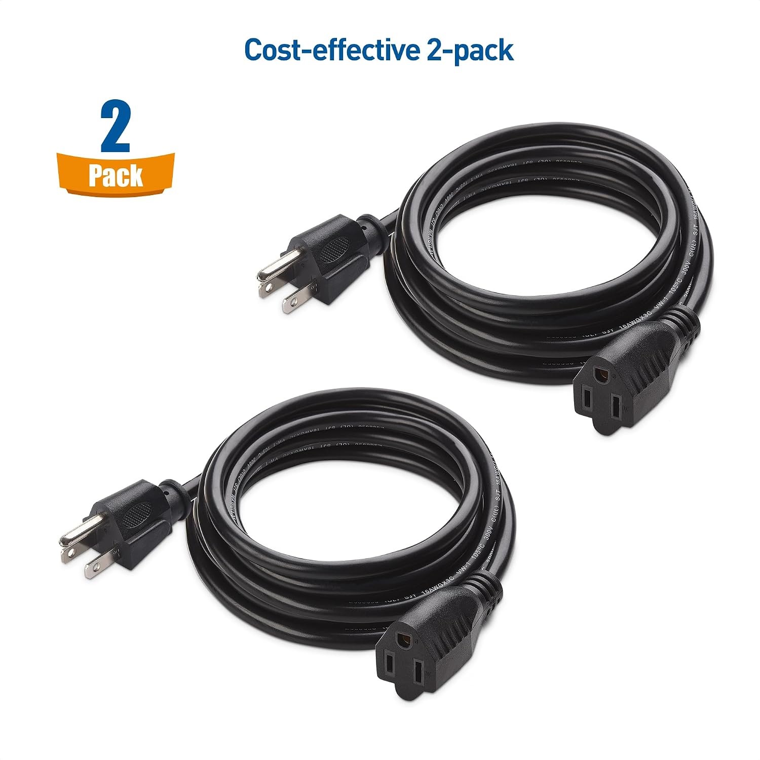 Cable Matters 3-Pack T-Shaped 3-Outlet Grounded Wall Tap in Black & 2-Pack 16 AWG Heavy Duty Power Extension Cord 10 ft, UL Listed (NEMA 5-15P to NEMA 5-15R)