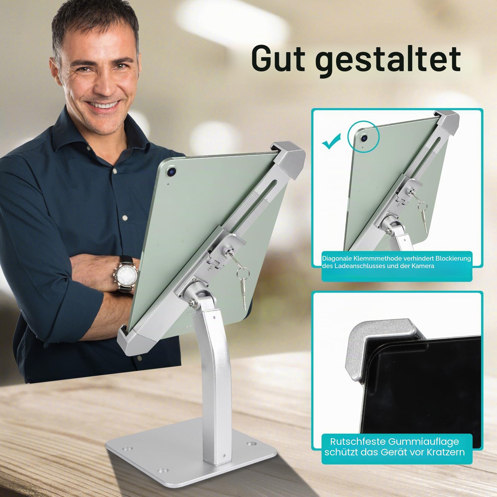 GDZN Anti Diebstahl Tablet Halterung Tisch, [Schwerlast] iPad Kiosk Ständer mit Schloss und Schlüssel, Aluminium Sicherheitsschloss Halter für iPad Pro, Air, Galaxy Tab, Surface, 7-11" Tablet