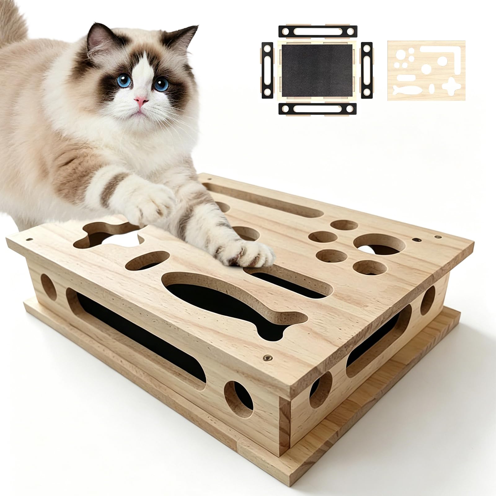 Puzzle Boxes for Indoor Cats, Wooden Cat Nail File Scratcher, Interactive Pet Play Cat Nail File Enrichment Box, Mental Stimulation & Claw Care, 39 * 30 * 8.5cm
