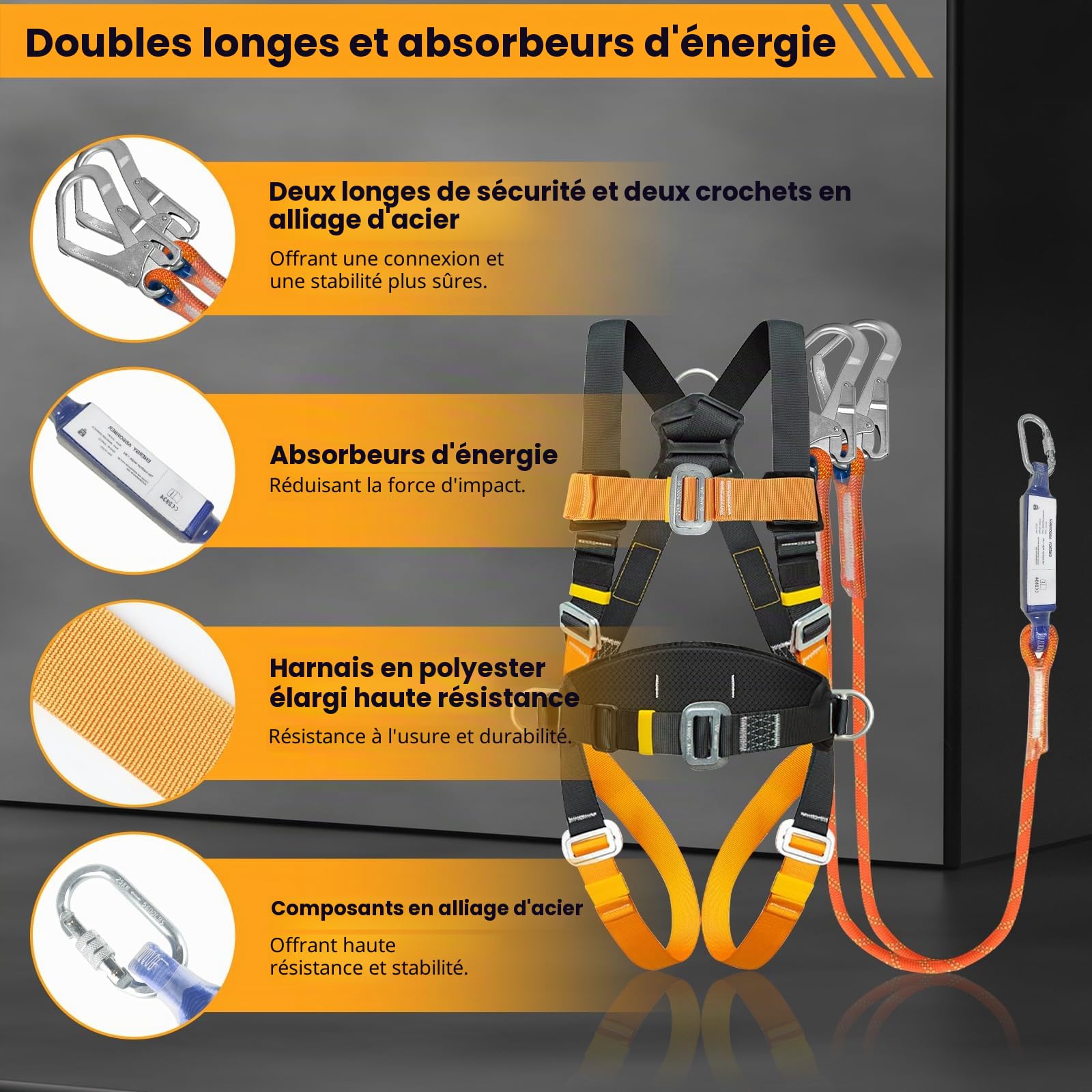 Harnais de Sécurité Complet avec Coussin Lombaire – Double Longe & Absorbeur d’Énergie, 140 kg Max, Certifié EN, Harnais Anti Chute pour Hommes, Travaux en Hauteur, Construction & Baudrier Escalade