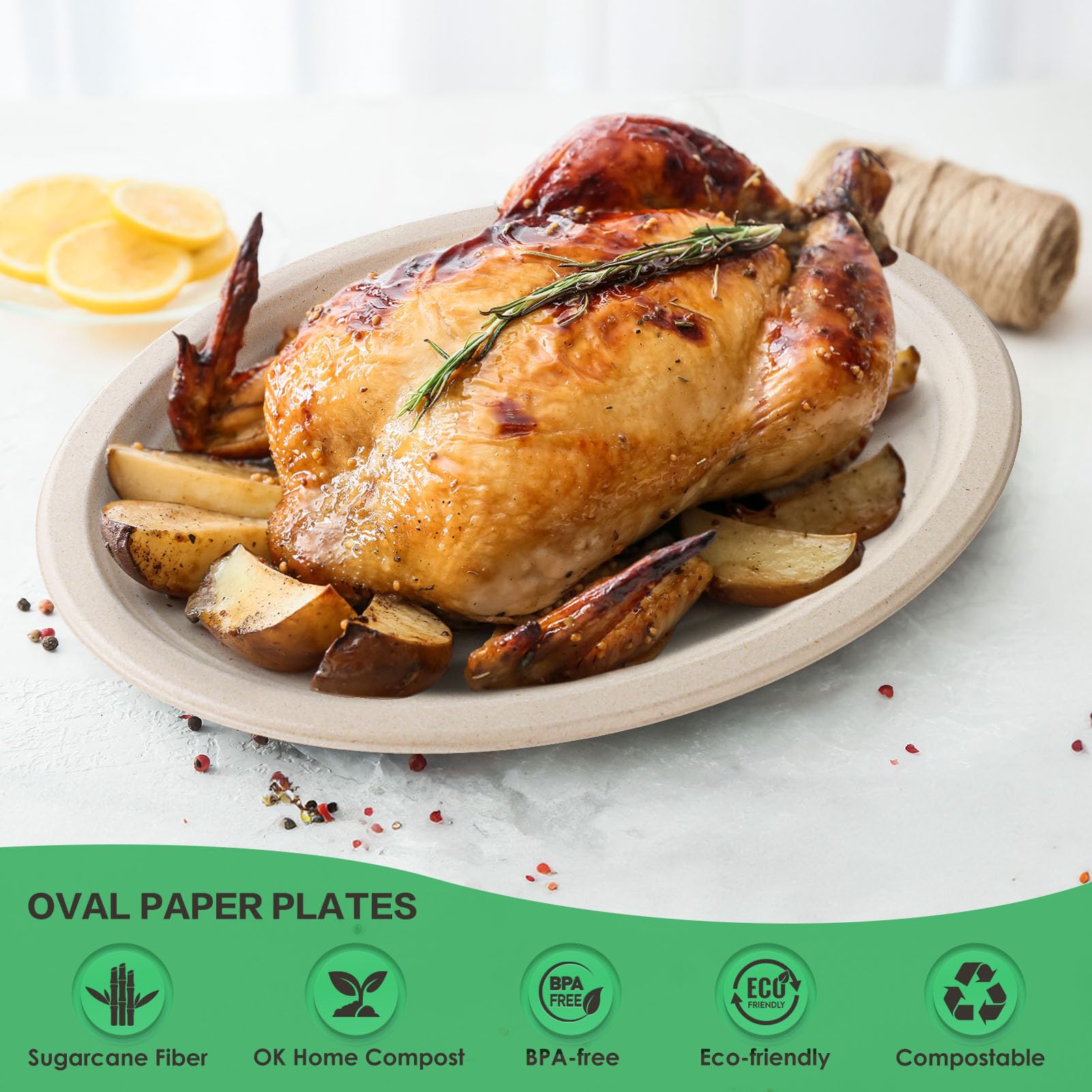 Gezond Platos de papel ovalados 100 % compostables de 12 pulgadas, paquete de 100 platos grandes desechables resistentes y ecológicos, platos de fibra de caña de azúcar, biodegradables para fiestas,
