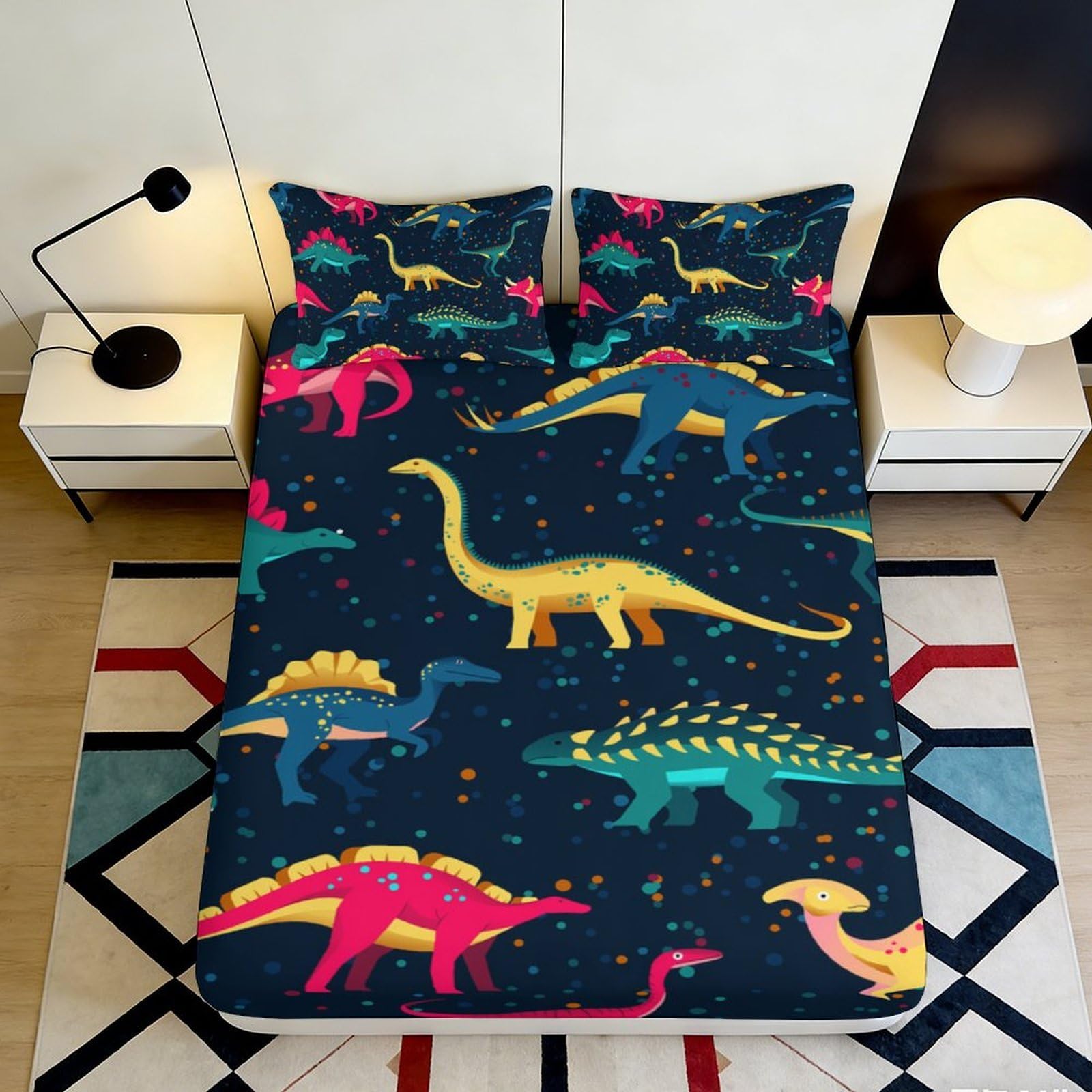 3D Printed Dinosaur Pattern Fitted Sheet Microfiber Soft Breathable Colorful Prehistoric Mattress Cover for Bedroom Dormitory Guest Room Protection Decor 90x200x25cm
