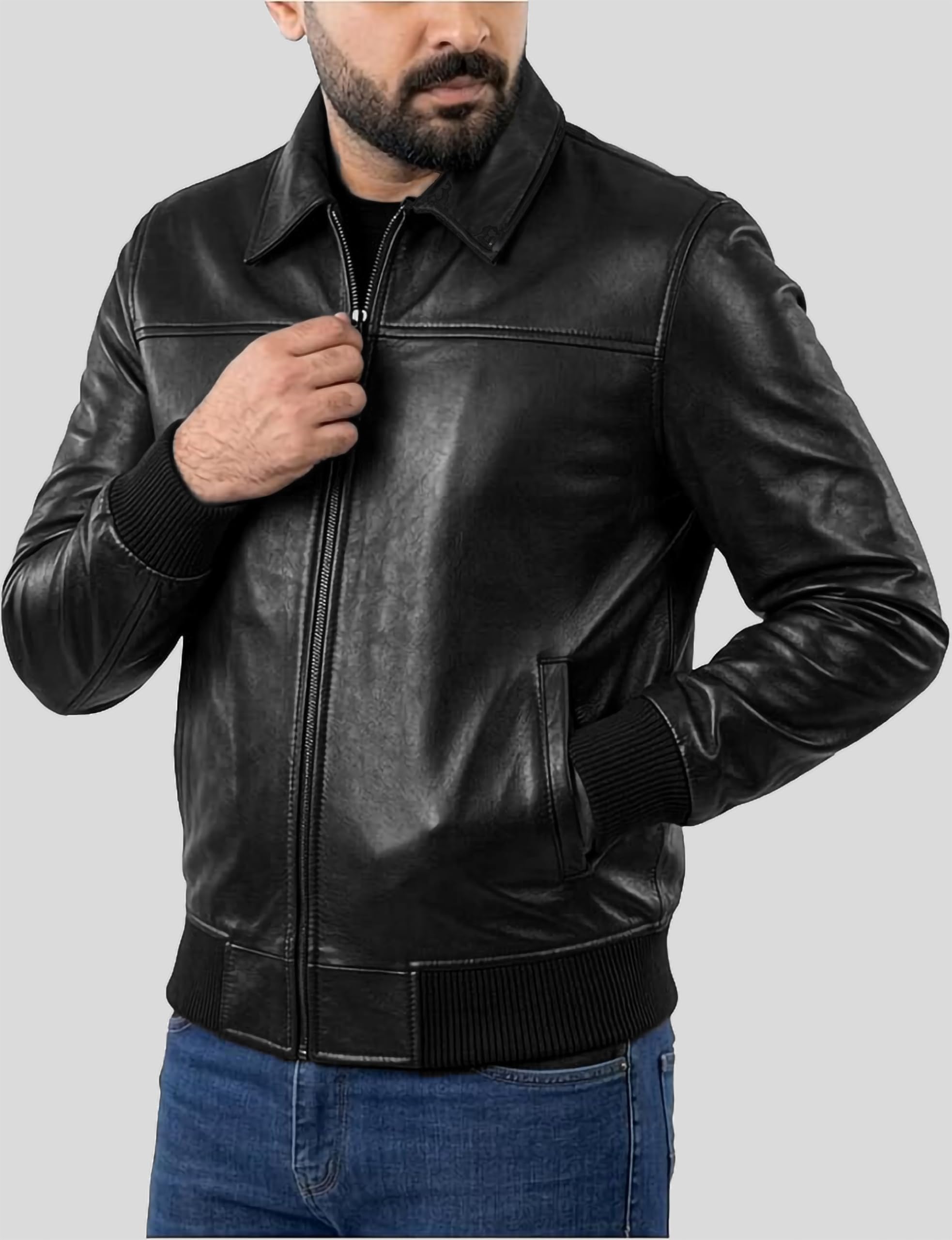 Blouson de motard vintage en cuir marron vieilli pour homme
