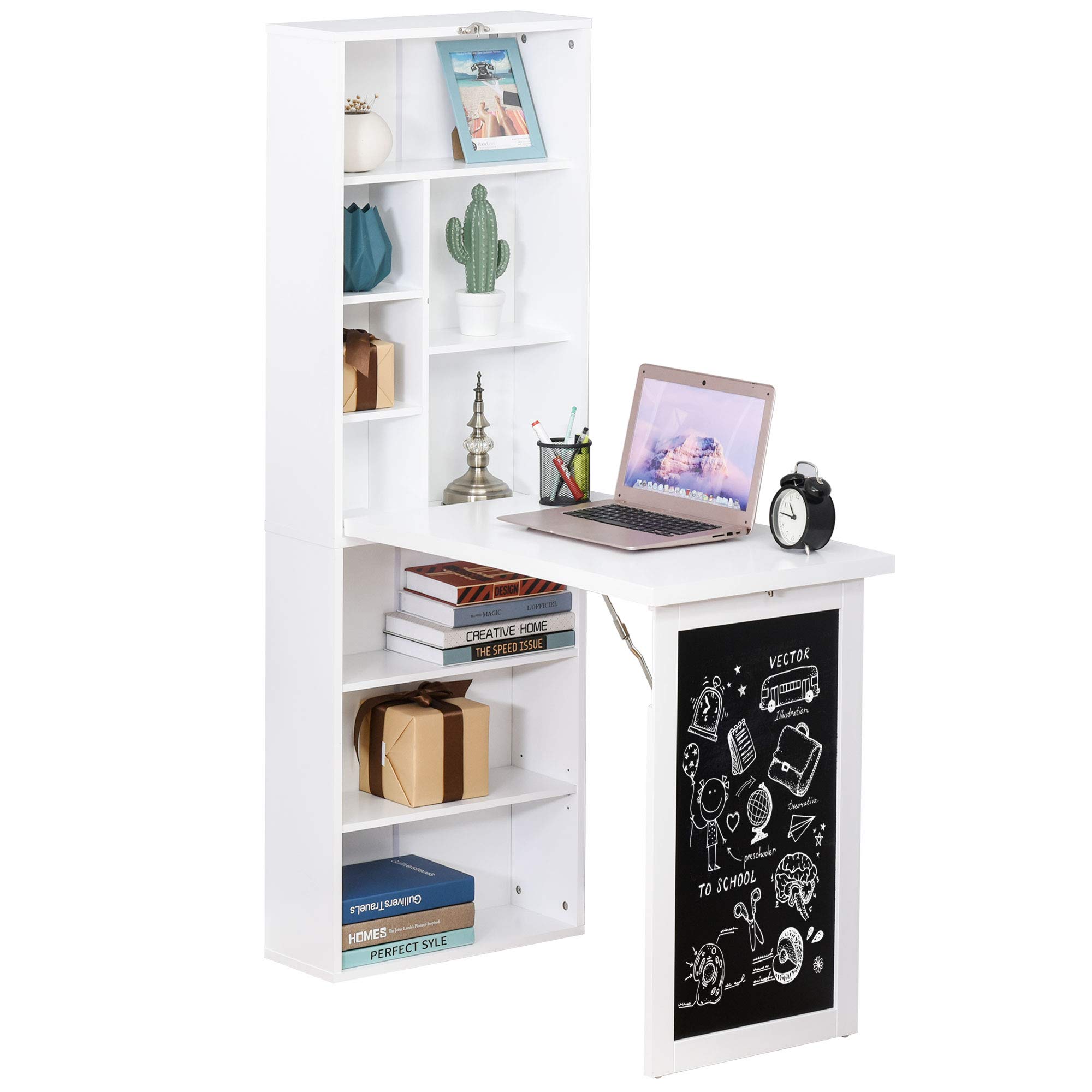 HOMCOM - Escritorio de ordenador plegable, escritorio con almacenamiento, mesa de pared plegable con biblioteca, estación de trabajo, mesa de tiza y estante ajustable, color blanco