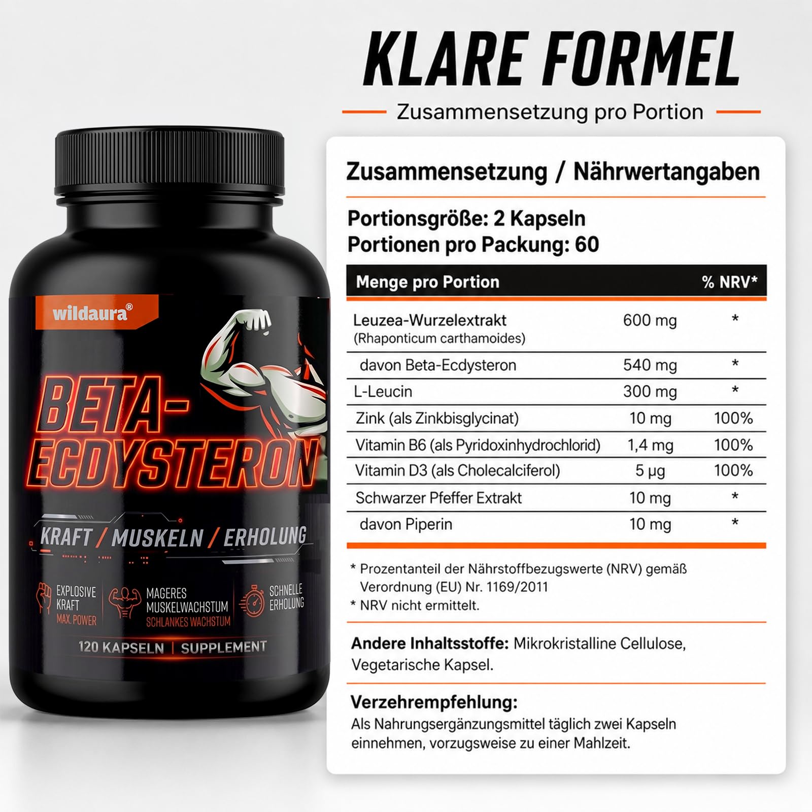 Beta Ecdysteron, 1200mg Hohe Reinheit Ecdysterone Supplement für Muskelaufbau, Fitness & Kraftsport, 120 Vegane Kapseln