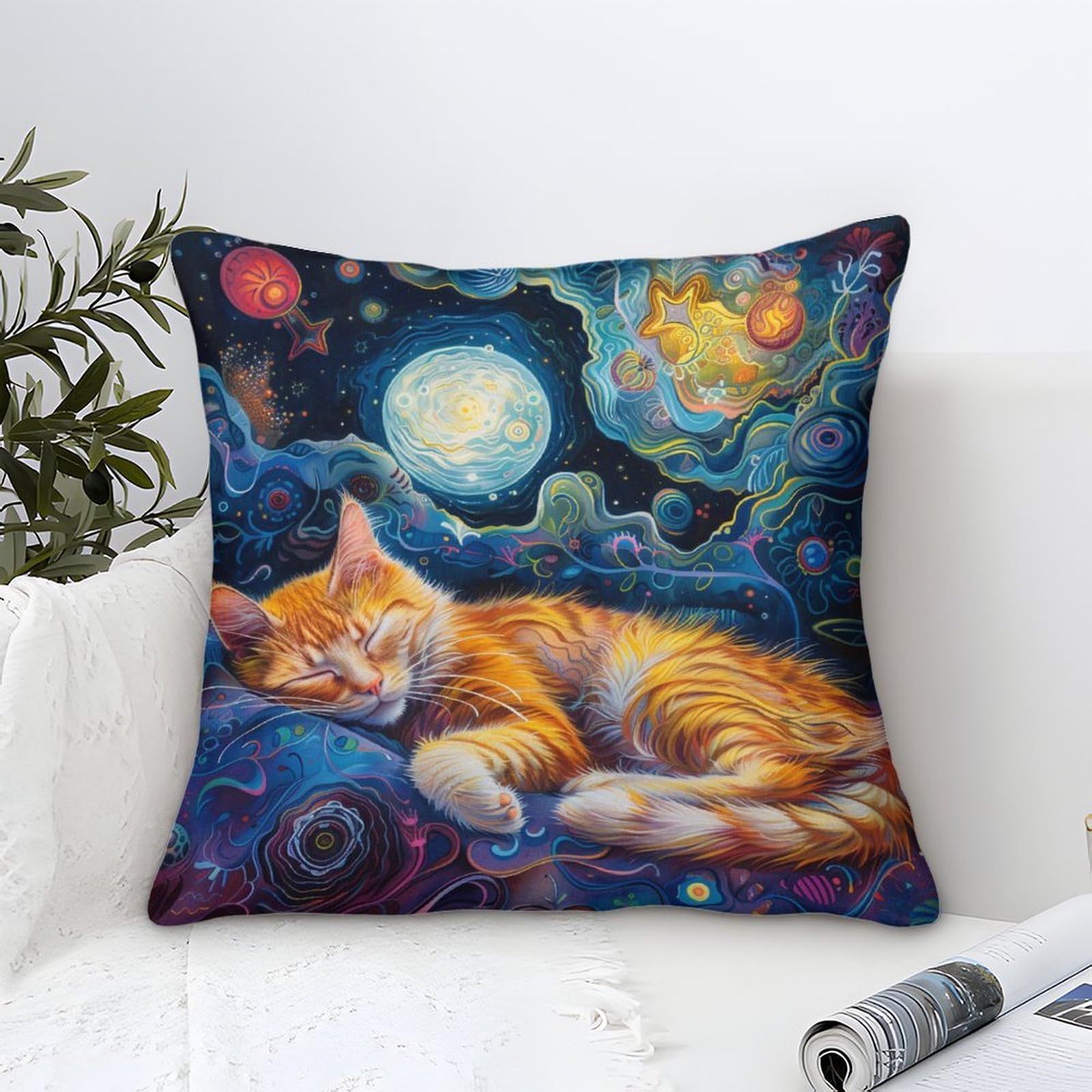 Yyvkpmlxc Style-7 Ginger Cat Pillow Cases Modern Art Decorative,Dreamy Cosmic Pattern Square Cushion Covers Soft Polyester Throw Pillow Cover For Living Room Sofa Outdoor Pillowcases 40X40cm
