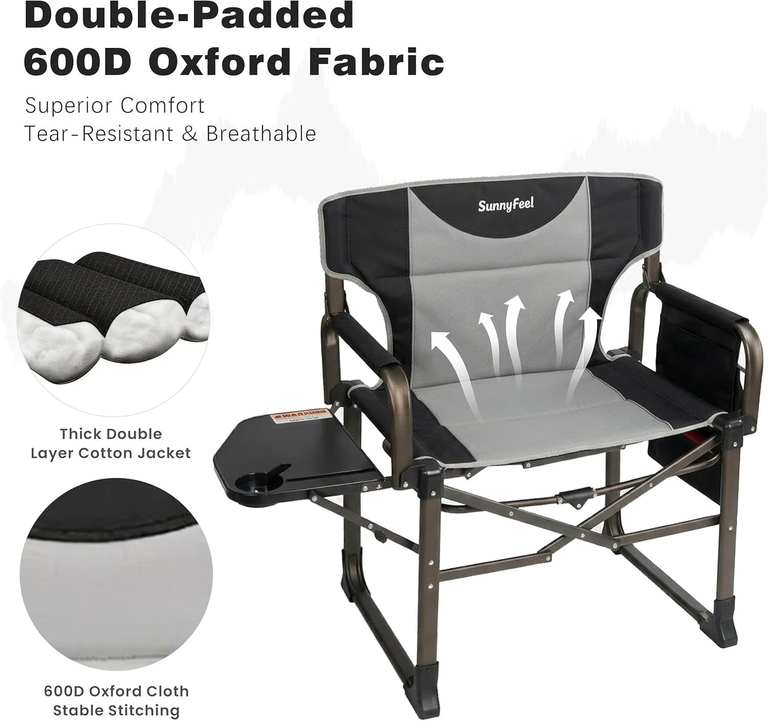 SUNNYFEEL Oversized Camping Directors Chair Black Portable Folding Chair for Adults Support 600lbs with Side Pocket and Side Table for Beach, Fishing, Trip, Picnic, Lawn, Outdoor Foldable Camp Chairs