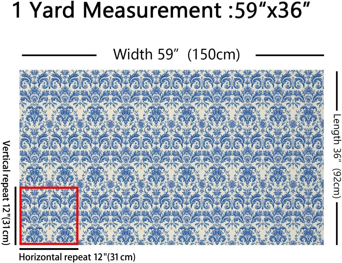 Erosebridal Adults Blue Damask Fabric by The Yard,Vintage Boho Abstract Floral Upholstery Fabric,Gothic Bohemian Decorative Fabric,Antique Victorian Baroque Indoor Outdoor Fabric,3 Yards Waterproof