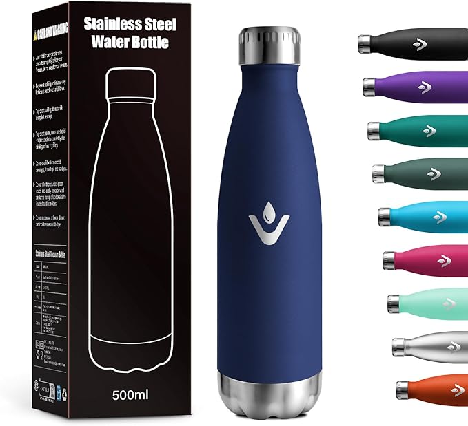 Botella Termica 500ml, Cantimplora Acero Inoxidable con Doble Pared Reutilizable, Garrafa Termica, sin BPA, A Prueba de Fugas, Termo Agua para Escuela, Oficina, Deporte, Gimnasio, Viajes, Niños