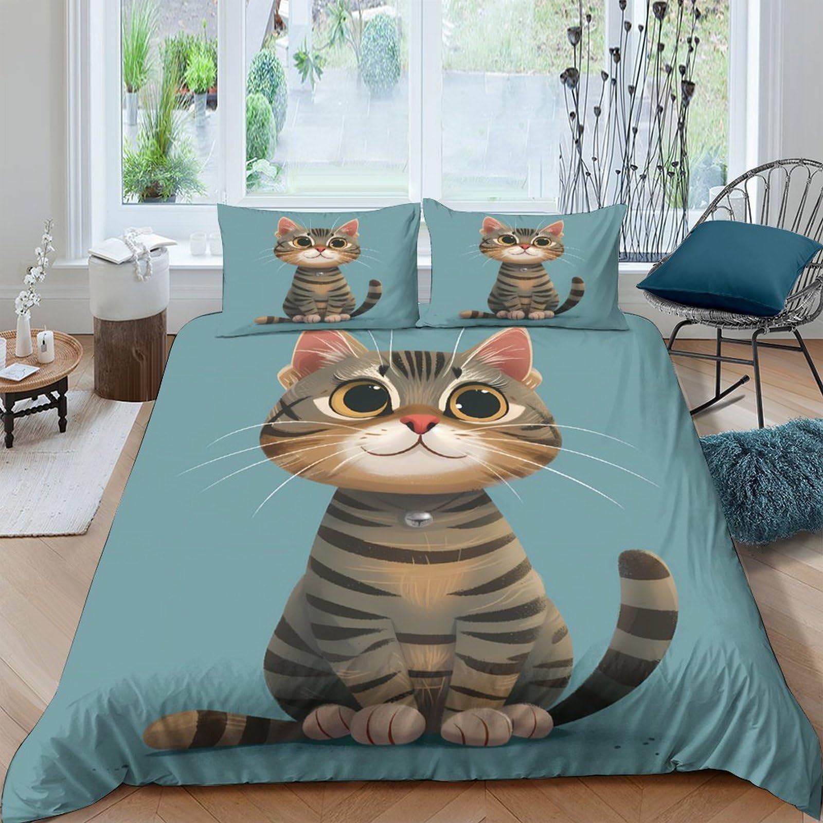 Ctjqhvkz Style-1 3D Printed Cute Tabby Cat Fitted Sheet Microfiber Soft Blue Cartoon Animal Mattress Cover For Bedroom Dorm Easy Care Single（135X200cm）