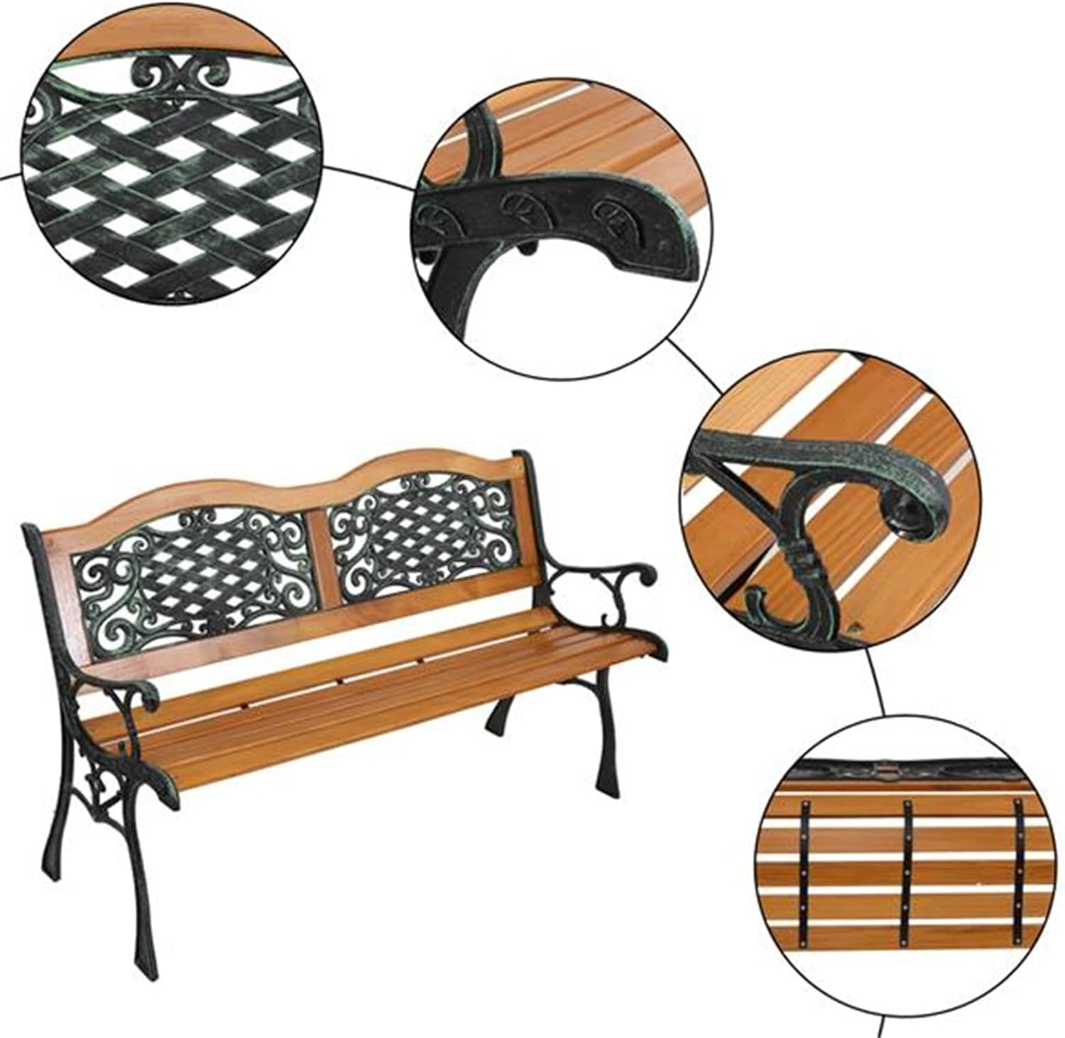 49 Inch Double Garden Bench Outdoor Patio Park Chair Furniture Hardwood Slats Cast Iron Frame