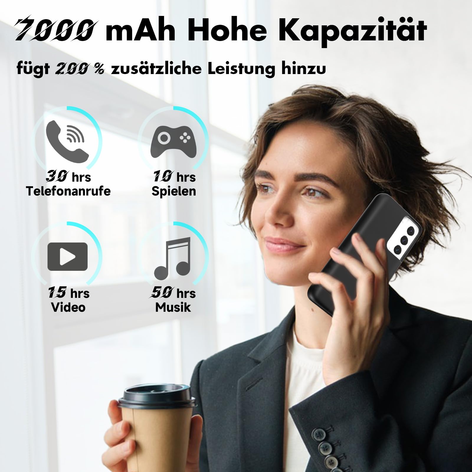 Akkuhülle für Samsung Galaxy S22, 7000 mAh, schlanke wiederaufladbare Ladehülle, erweiterte Ladehülle, Backup-Akkuladegerät, tragbare Powerbank für Samsung Galaxy S22 (6,1 Zoll) – Schwarz