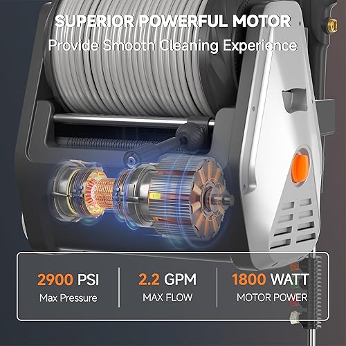 Miniatura 2 de Giraffe Tools Lavadora a Presión Montada en Pared con Manguera Desmontable de 100 pies, Máx. 2900 PSI 2.2 GPM Lavadora a Presión Eléctrica con Motor