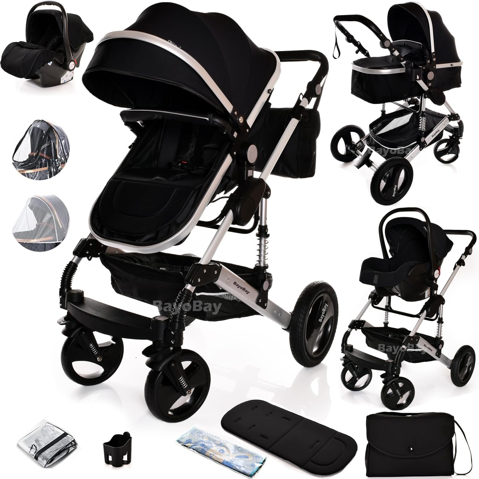 Baby Buggy Pram Pushchair Stroller 3 in 1 Child Lightweight Folding Stroller 3 in 1 Travel System Pram for Newborns & Toddlers from Birth Aluminum (Black - Silver Frame)