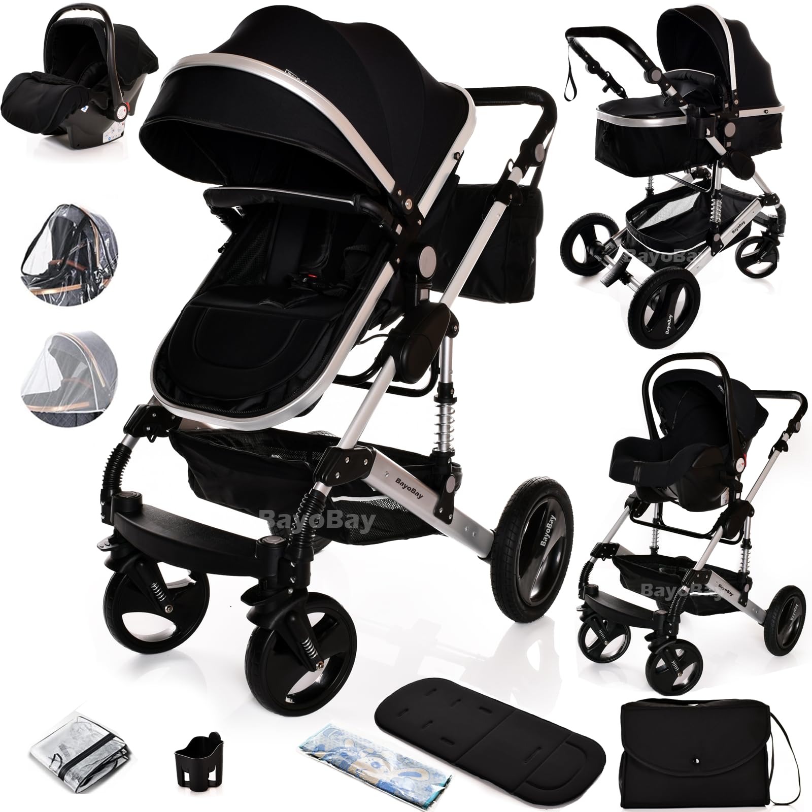 Baby Buggy Pram Pushchair Stroller 3 in 1 Child Lightweight Folding Stroller 3 in 1 Travel System Pram for Newborns & Toddlers from Birth Aluminum (Black - Silver Frame)