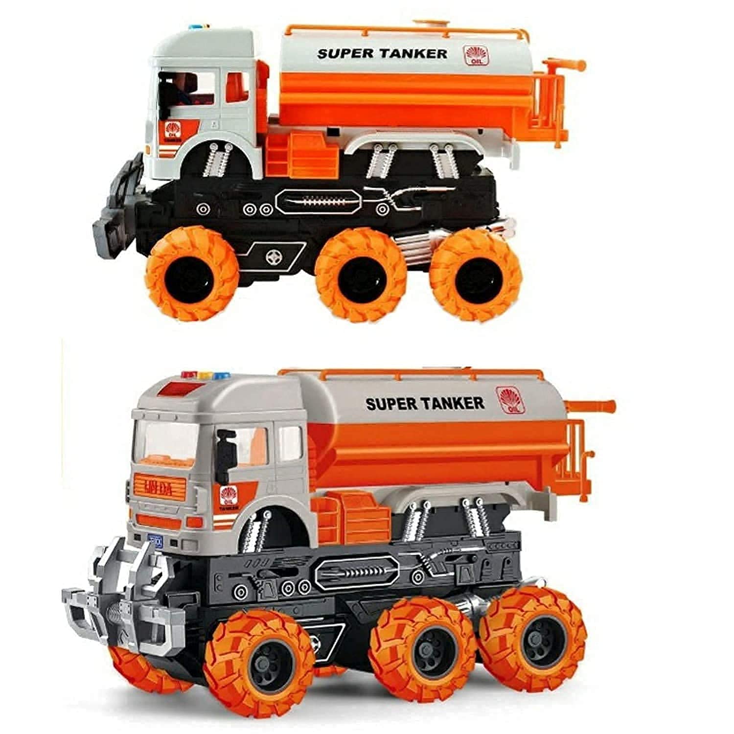 KRIREEN Heavy Deformation Truck Construction Friction Power Push and Go with 6 Wheel Toy for Kids with Sound and Lights, Best Gift for Birthday (Multicolour), (Pack of 1) (Oil Tanker) 1