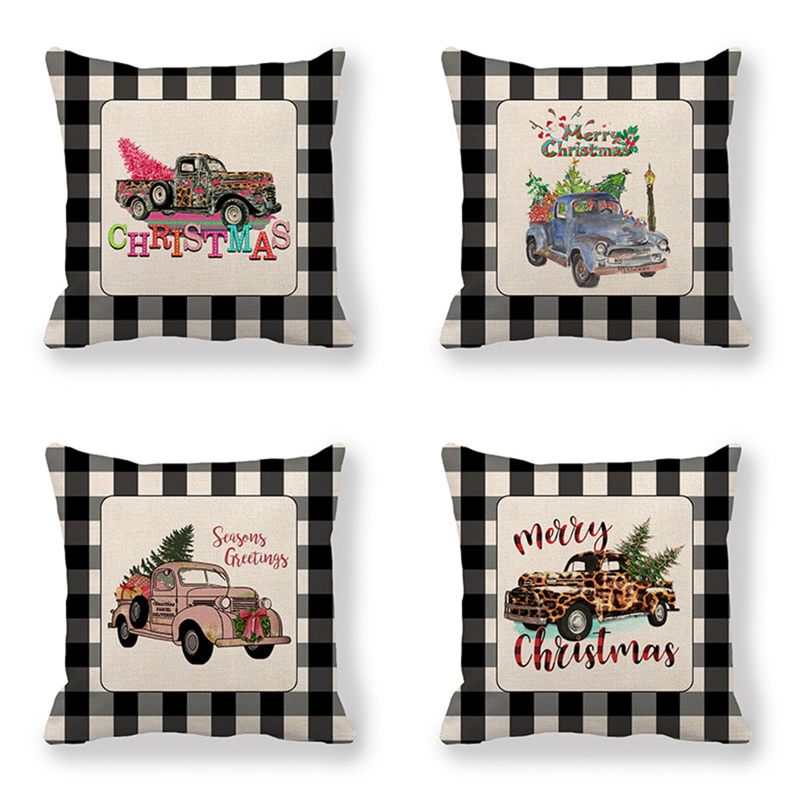 Housse de coussin 60x60 en lin | Lot de 4 taies décoratives motif voiture et arbre pour le salon