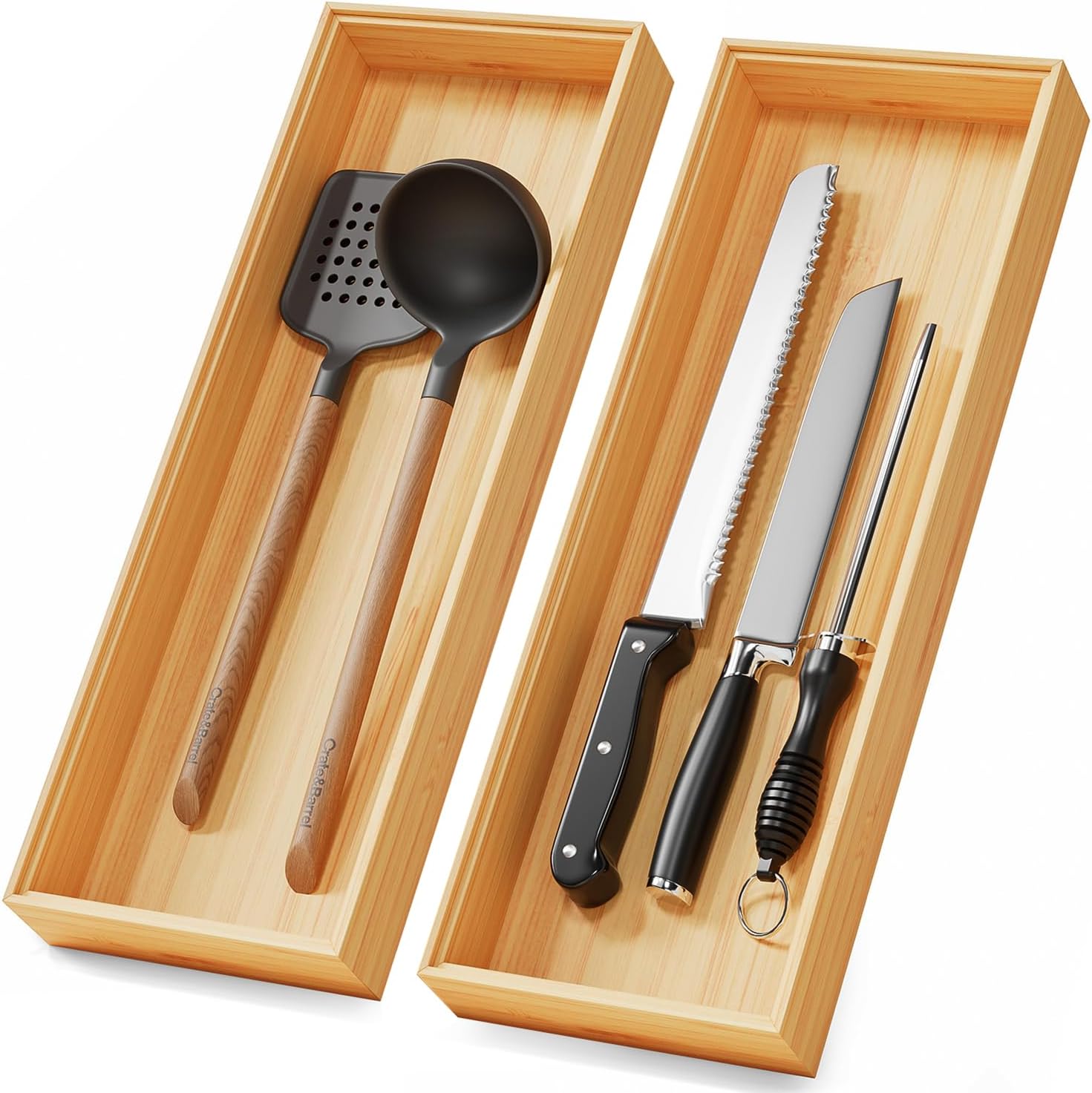 “Stackable Wooden Bamboo Drawer Organizer Set – 17” x 6” for Utensils & Flatware” “Stackable Wooden Bamboo Drawer Organizer Set – 17” x 6” for Utensils & Flatware”