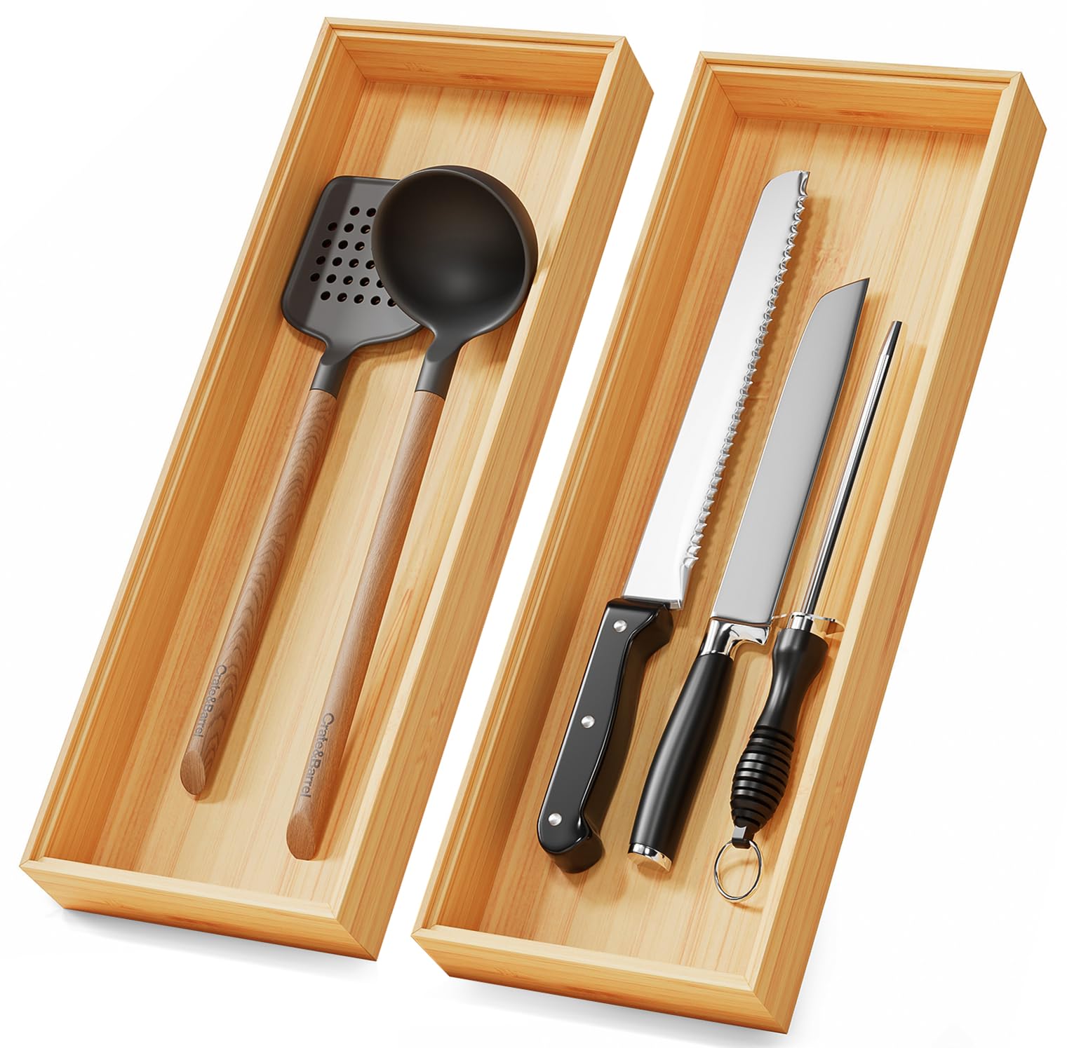 Long Bamboo Kitchen Drawer Organizer Boxes – 17" x 6" Stackable Wood Silverware Utensil Tray for Drawers Bins Cutlery & Flatware Storage – Wooden Pantry Organizers Set of 2 for Junk Drawer Bathroom Rv