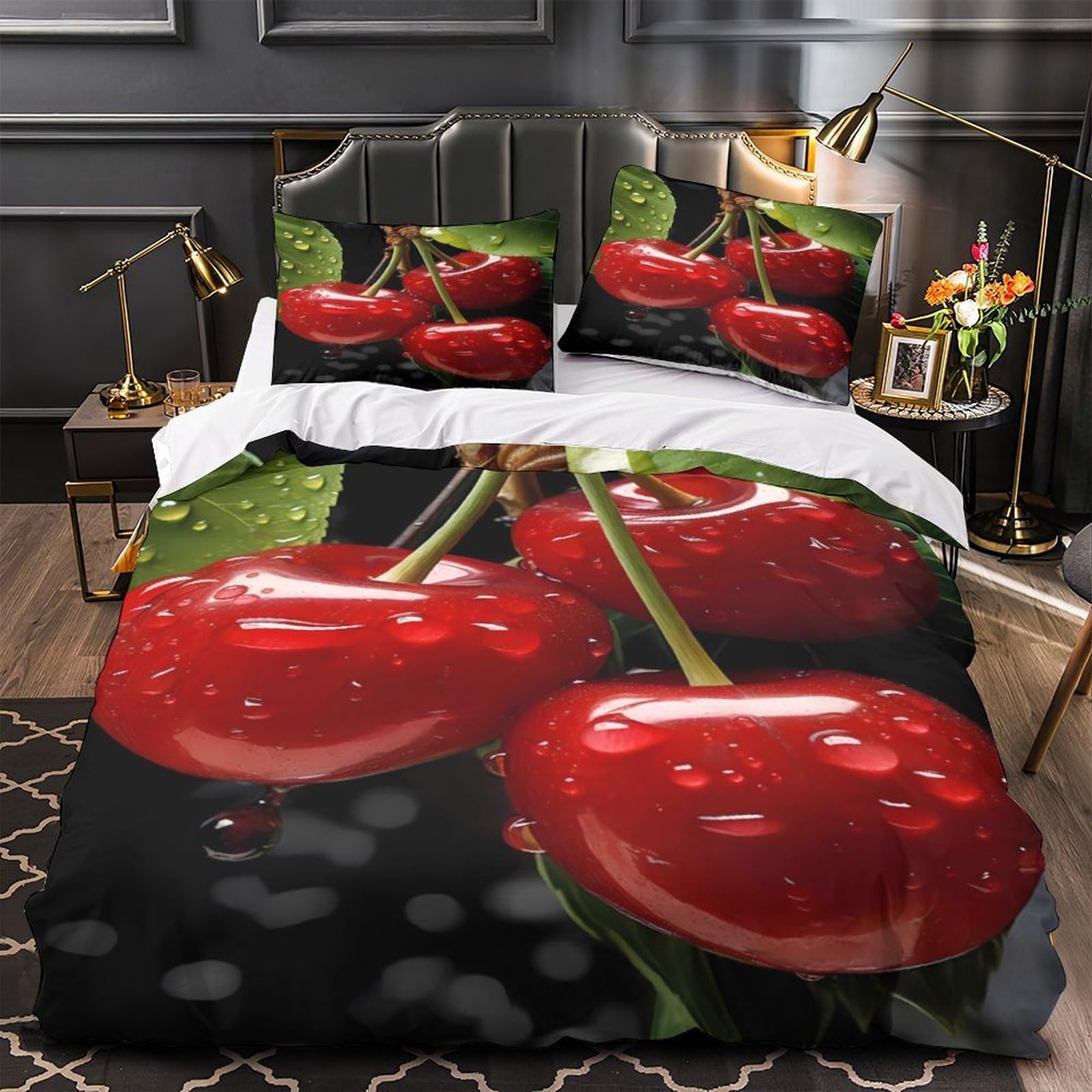 Housse de couette oiseau rouge et fleurs lit Super King 260x220cm en microfibre douce