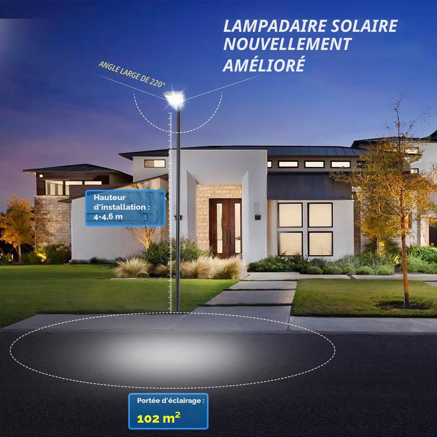 Lumière de Rue Solaire Extérieure, 1000W LED Grande Lampe Solaire pour Parking étanche avec Capteur de Mouvement et Télécommande, 6000K Lumière de Sécurité Extérieure pour Yard et Parking