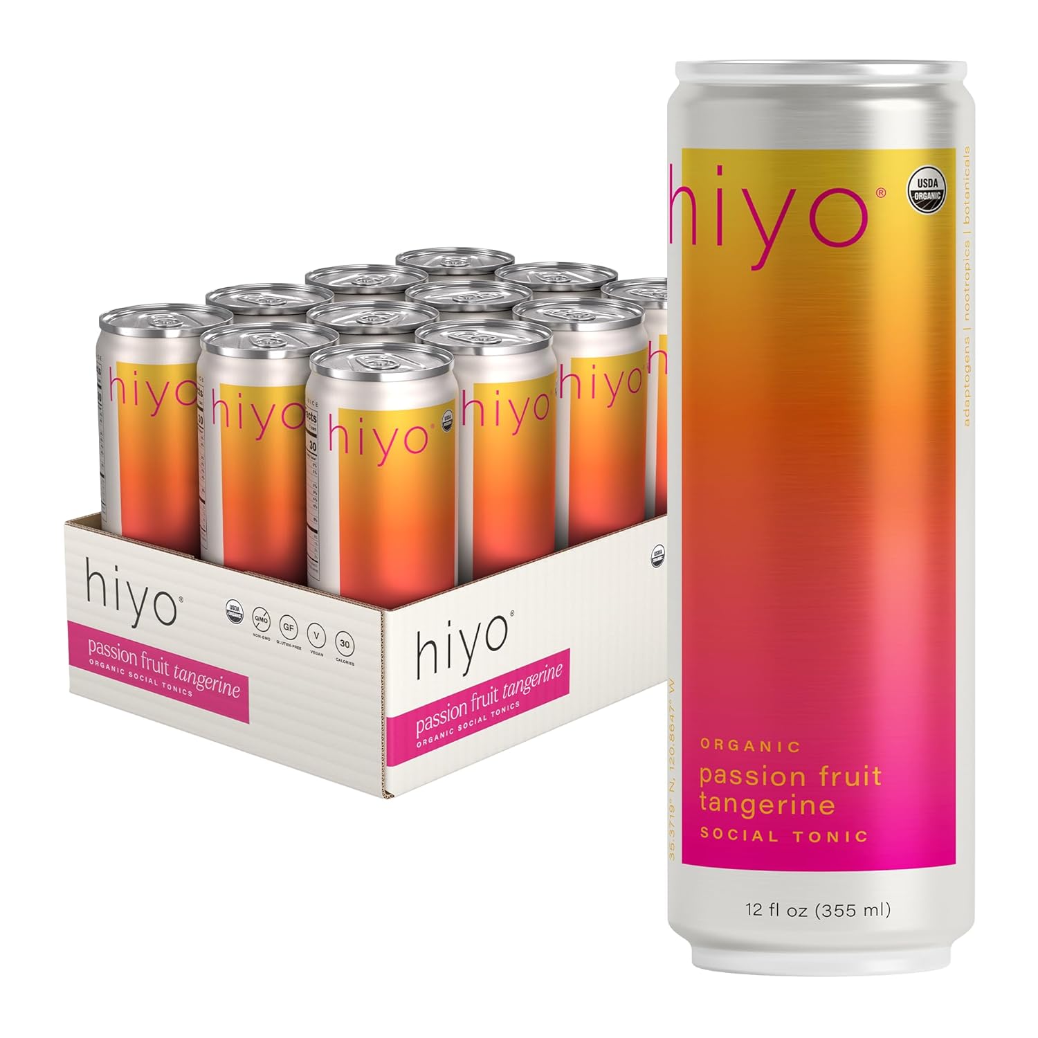 Hiyo Organic Social Tonic- Passion Fruit Tangerine, 12 Pack – N.A. Functional Seltzer, Sparkling Water Crafted with Organic Adaptogens, Nootropics, & Botanicals