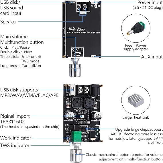 Hi-Fi Amplifier with Bluetooth 5.1, ZK-1001B Audio Amplifier Board 100W Mini TWS Mono Audio Power Amplifier Module with BT/AUX/USB Input DC 7-24V Speaker Kit DIY