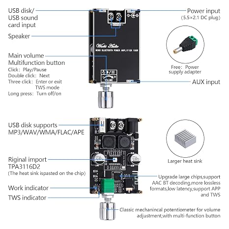 ZK-1001B Bluetooth Amplifier 100W Mono AMP Mini Audio Power Amplifier Module with TWS Box Matching Function, BT/AUX/USB Input, DC 7-24V DIY Speaker System Amplifiers Kit for Home Car