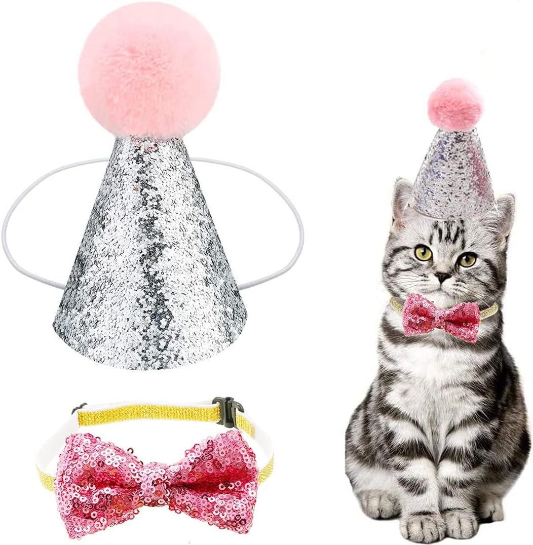 Christmas Pet Party Jazz Hat and Blingbling Bow Tie Breakaway Collar Set, Adjustable Headband for Kitten Puppy Small Dogs Cats (01 Pink)