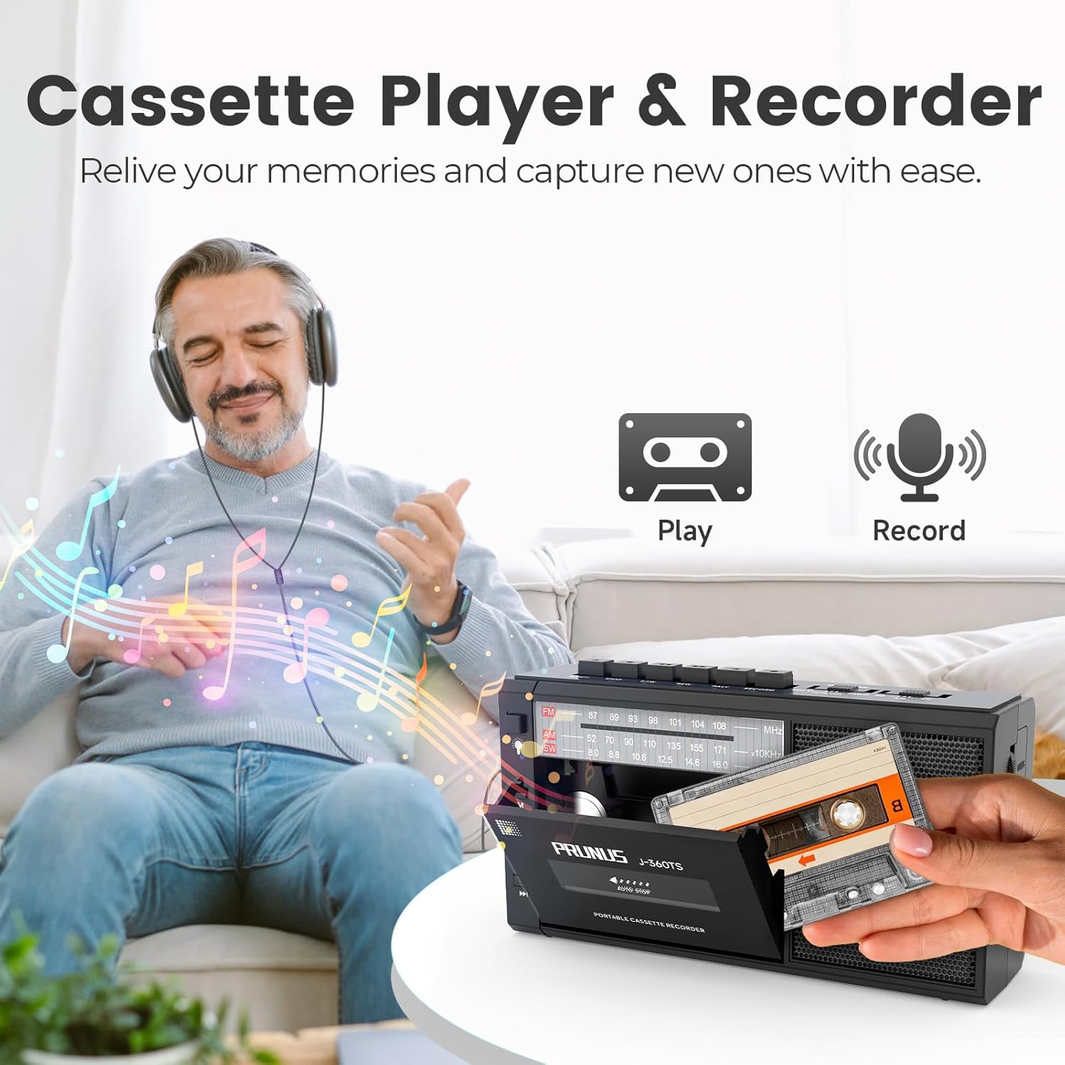 Person listening to music from PRUNUS J-360TS cassette player, with play and record icons