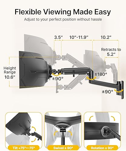 Miniatura 4 de monTEK Soporte de pared para monitor para pantallas ultraanchas de 17-57" hasta 59.4 libras, brazo de monitor de resorte de gas de aluminio de alta