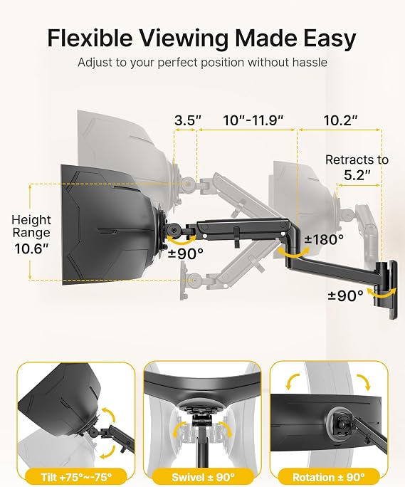 monTEK Single Monitor Wall Mount, 1757 Gas Spring Arm, Heavy Duty, Black | Fits Max 57 Curved & Ultrawide Monitors, Holds Up To 59.4 Lbs, Full Motion Wall Mount, Compatible With 75/100mm VESA