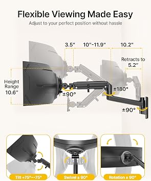 monTEK Single Monitor Wall Mount, 1757 Gas Spring Arm, Heavy Duty, Black | Fits Max 57 Curved & Ultrawide Monitors, Holds Up To 59.4 Lbs, Full Motion Wall Mount, Compatible With 75/100mm VESA