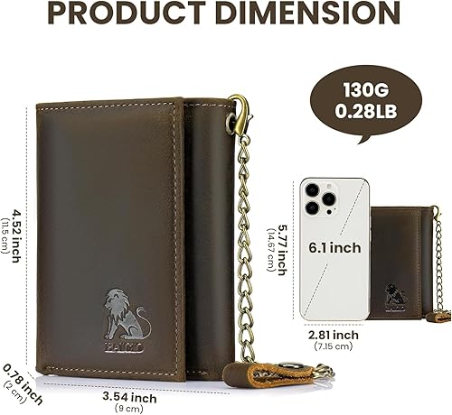 Vista 5 de BAIGIO Billetera de cuero genuino con cadena para hombre, con bloqueo RFID, triple pliegue, regalo para el padre