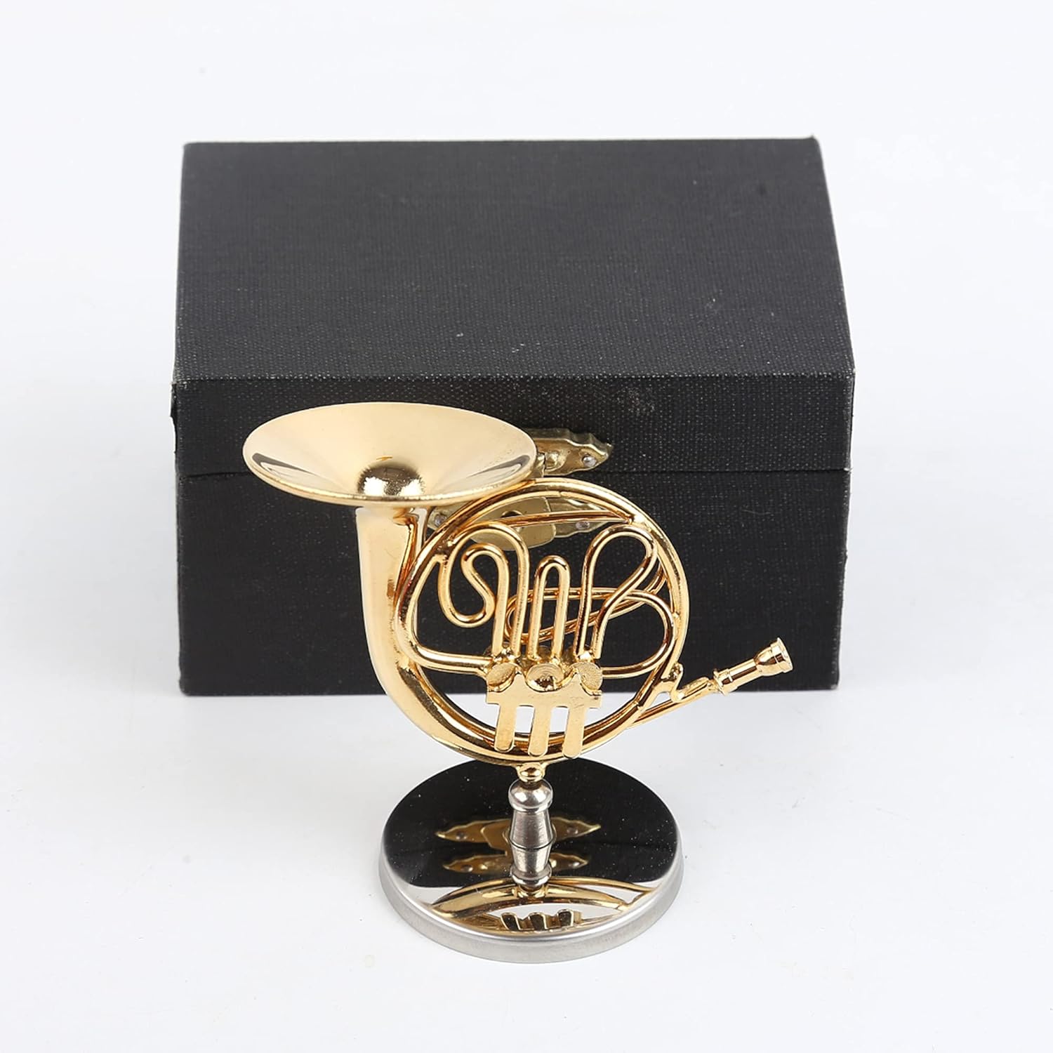 銅製ミニチュア フレンチホーン スタンドとケース付き ミニ楽器 ミニチュアドールハウスモデル ミニフレンチホーン ホームデコレーショ