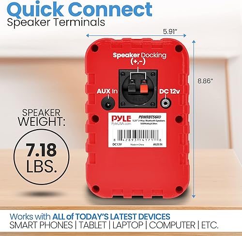 Vista 64 de PyleUsa Par de altavoces Bluetooth para interiores y exteriores, 200 W, doble impermeable, 3.5 pulgadas, sistema de rango completo de 2 vías con Rojo