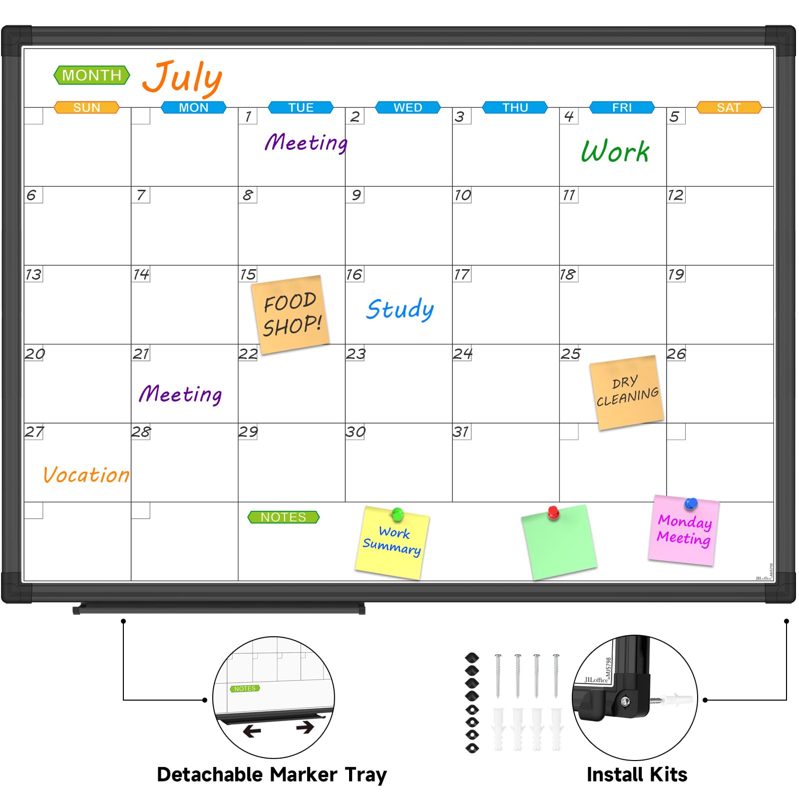 JILoffice Calendrier magnétique effaçable à sec - 1 mois - 61 x 45,7 cm - Cadre en aluminium noir - Fixation murale - Pour bureau, maison et école