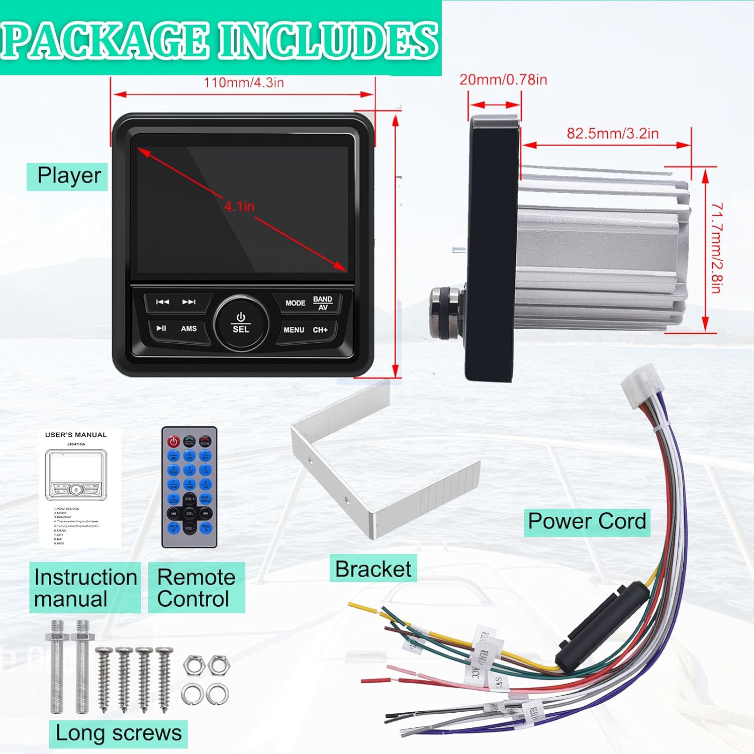 Geloo Boat Radio Marine Stereo Receiver-Waterproof Digital Media MP5 Player with 4.1" LCD Display For Watching Video, Wireless Connection, AM/FM Tuner, AUX USB Preset EQ Subwoofer, Multi-Color Buttons
