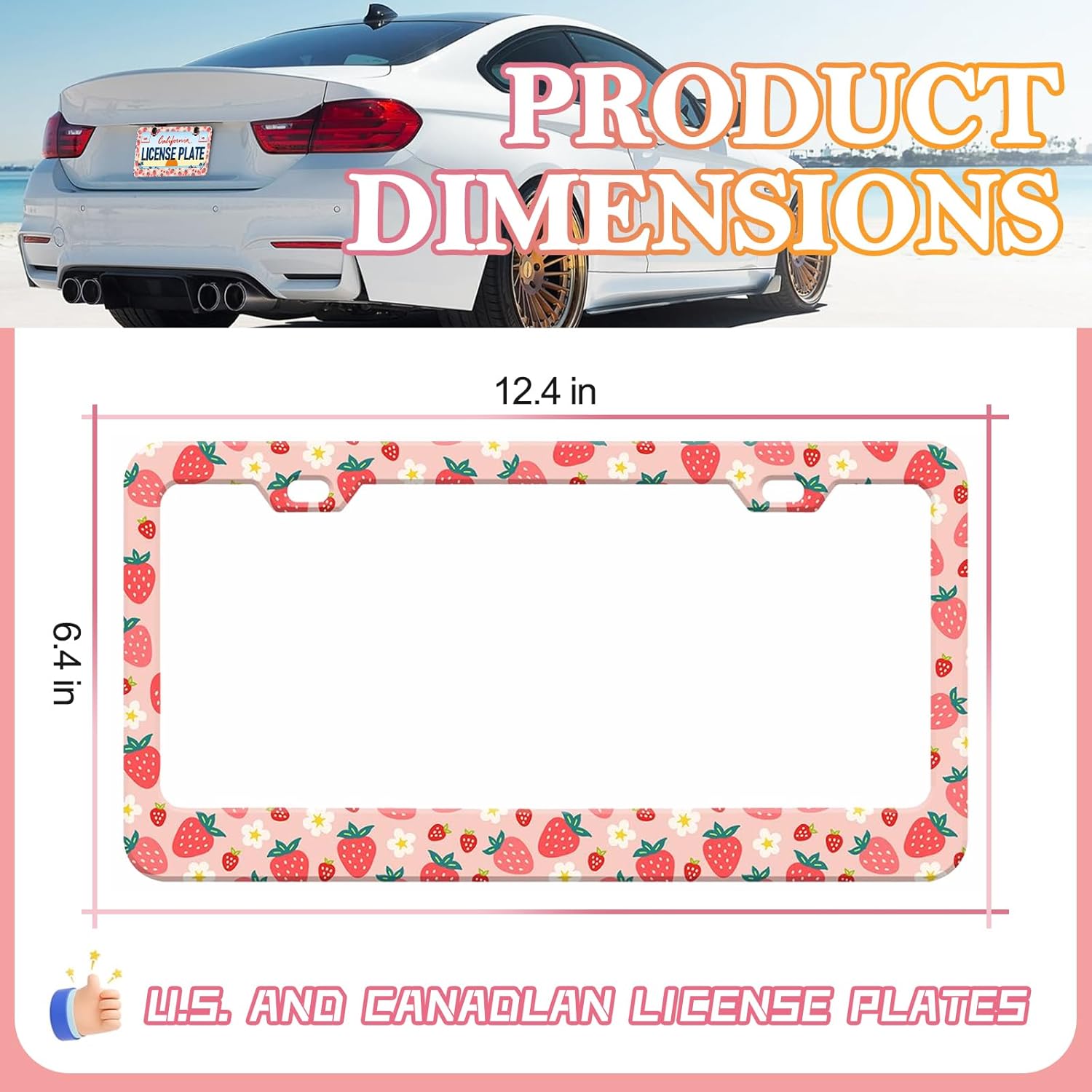 Cute Strawberry License Plate Frames- 2 Pack Pink Fruit Aluminum Metal License Plate Holder Covers Car Accessory, Rust-Proof Waterproof Car Decorative Tag Frames for Standard US 12x6 Inch - Image 2