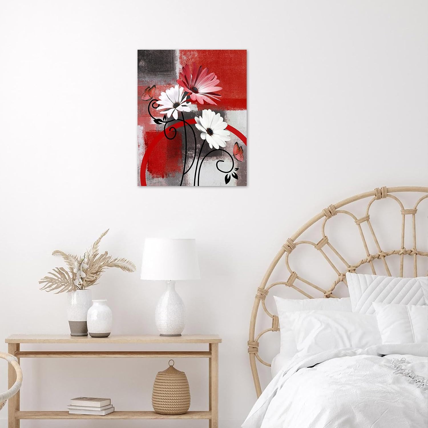 HVEST Farmhouse Red Floral Wall Art for Living Room, Daisy Flower and Butterfly on Abstract Geometric Pictures Wall Decor Grey and White Framed Wall Art for Bathroom Bedroom Decor,16L X 12W Inches