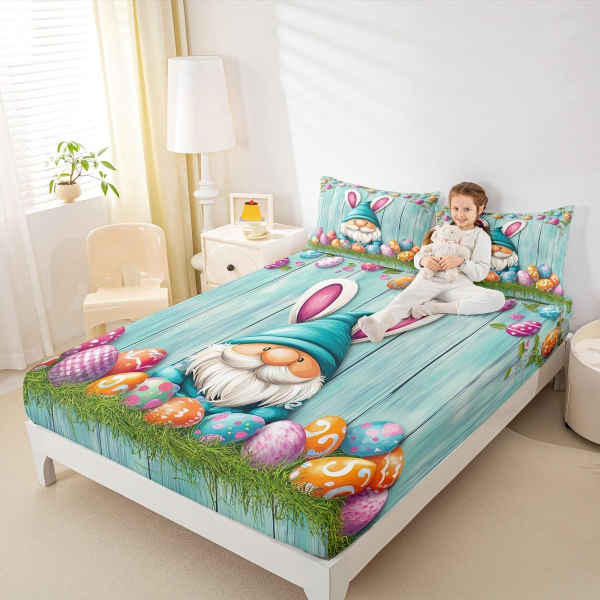Easter Gnome Bed Sheets Rabbit Fitted Sheet,Watercolor Easter Eggs Bedding Sets Rustic Wooden Bedding Full,Kawaii Room Decor Rainbow Easter Decorations for The Home