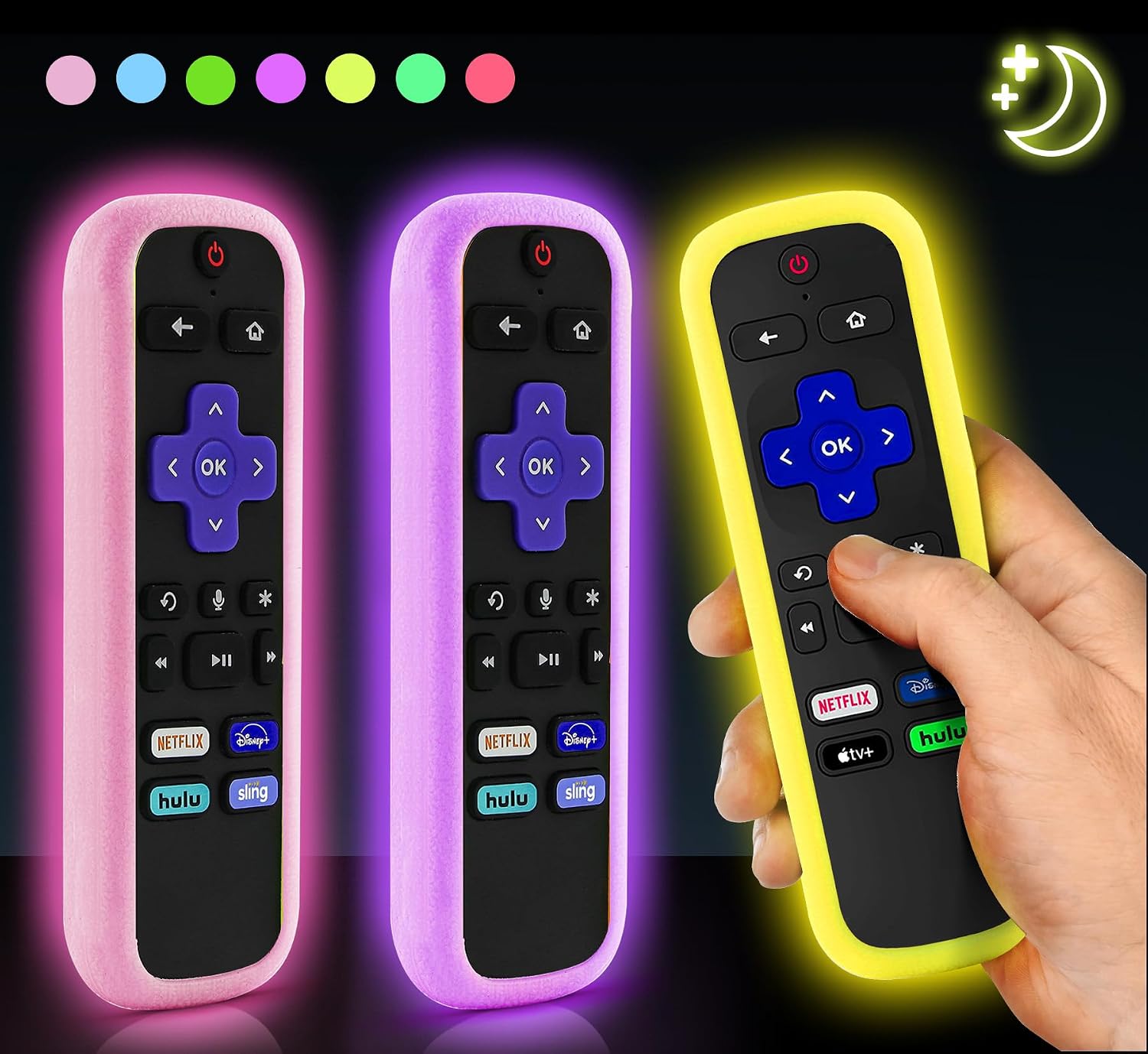 ONEBOM 3Pack Cover for Roku Remote, Glow in The Dark, with Lanyard