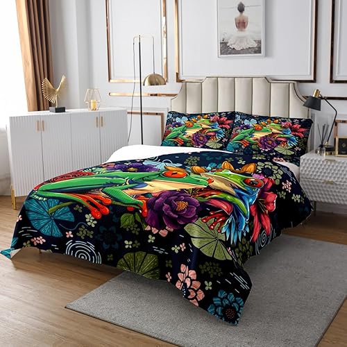 Miniatura 2 de Manfei Colcha acolchada de rana verde para niños, tamaño King, colcha acolchada con flores de acuarela con 2 fundas de almohada, juego de colcha con