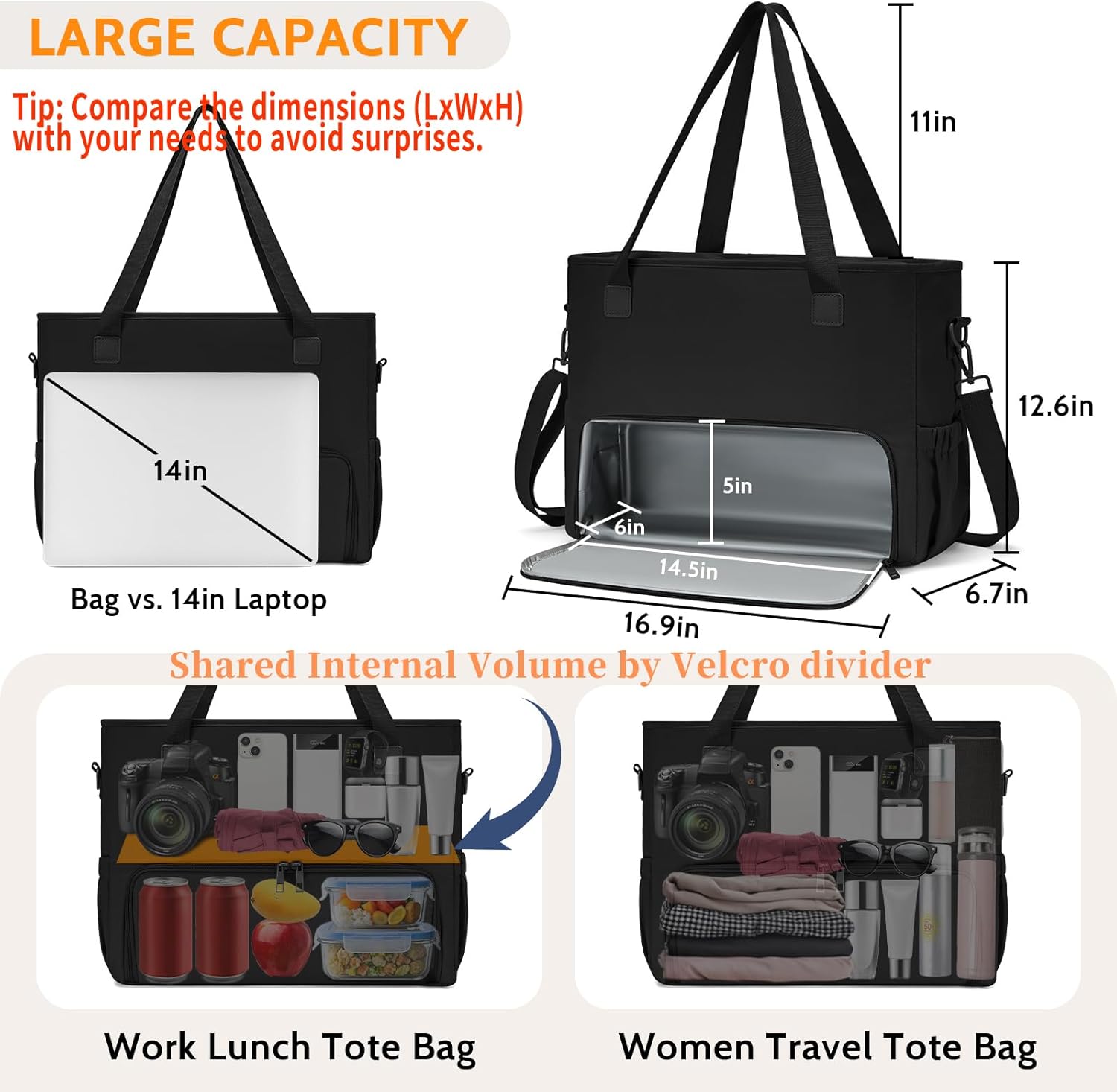 Lunch Tote Bag for Women with 15.6" Laptop Compartment, Work Tote Bag with Insulated Lunch Compartment, Large Casual Canvas Handbag Luncg Bags for Nurse, Teacher, Office, Travel, Beach, Jet Black