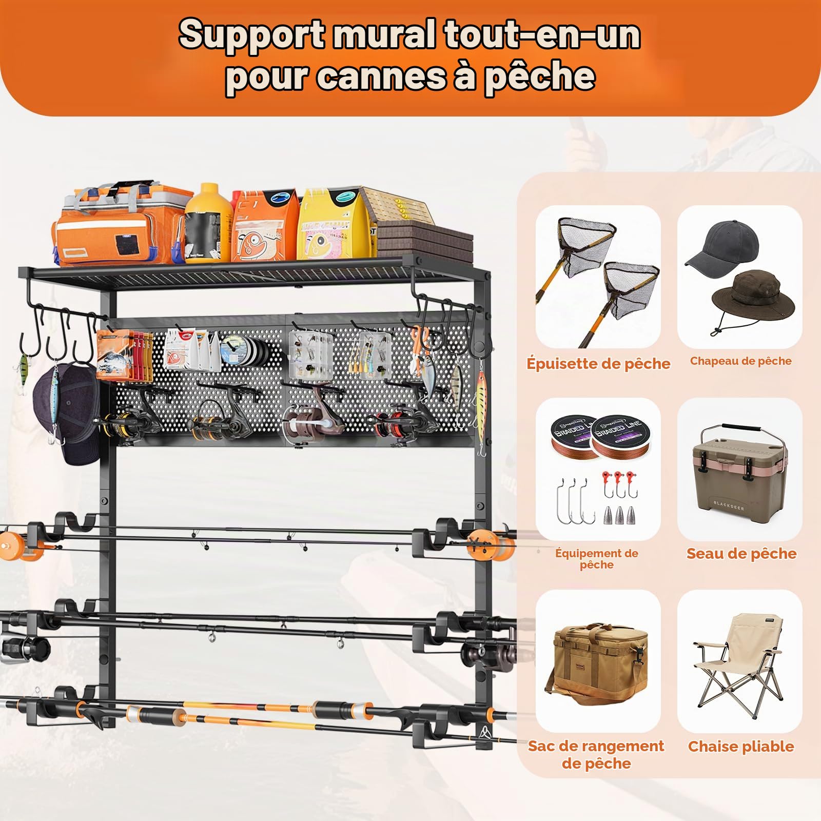 Bikoney Porte Canne à Pêche Mural pour Garage, Support Horizontal pour 6 Cannes avec Crochets et Panneau Perforé, Organisateur de Rangement de Pêche, Idée Cadeau pour Hommes Pêcheurs Papa